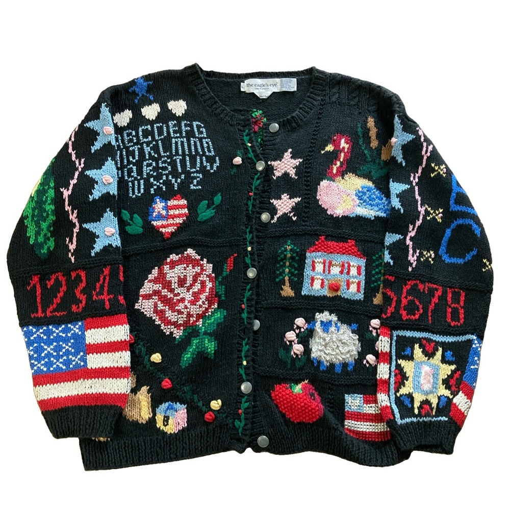 Eagle's Eye Vtg 90s Teacher Cardigan Sz L Teddy Bear Patriotic Flag Rose Abc